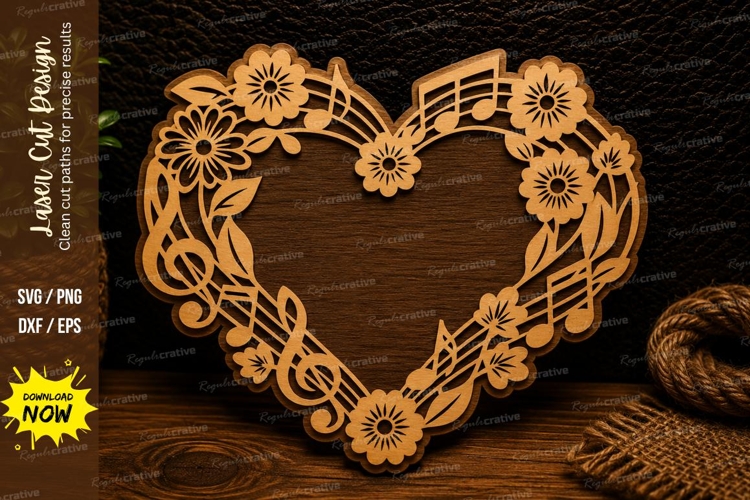 Floral Music Heart Frame Laser Cut SVG Design music heart sv