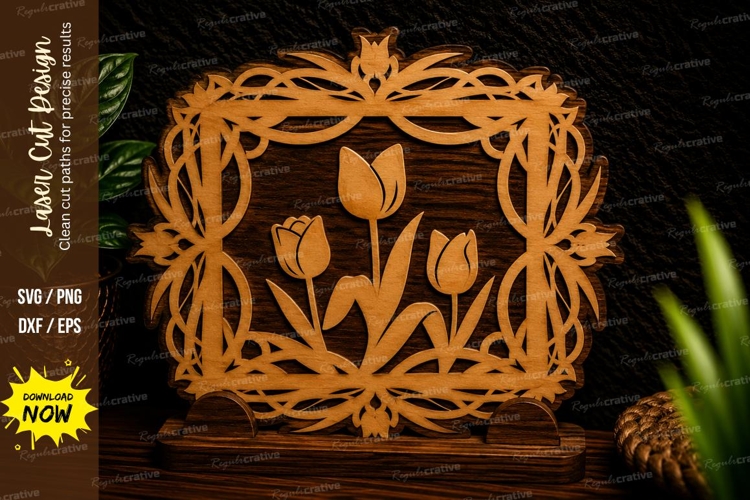 Tulip Floral Square Frame Laser Cut SVG Design tulip frame