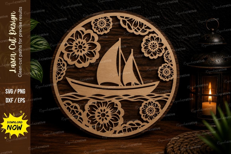 Floral Sailboat Round Laser Cut SVG Design sailboat svg,