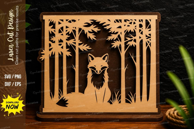 Fox Woodland Square Frame Laser Cut SVG Design fox square