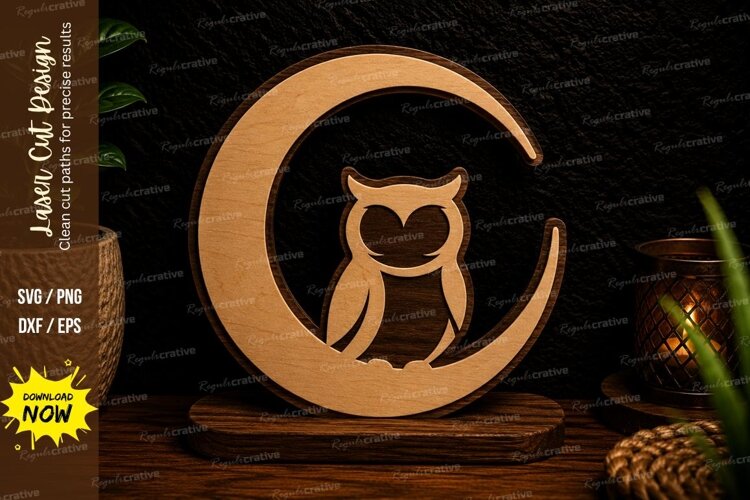 Moon Owl Laser Cut SVG Design owl moon svg, crescent moon example image 1