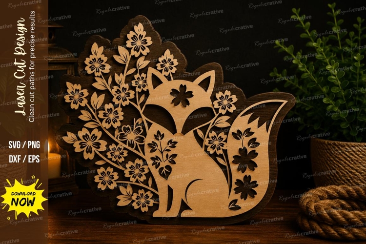 Floral Fox Laser Cut SVG Design floral fox svg, fox flower
