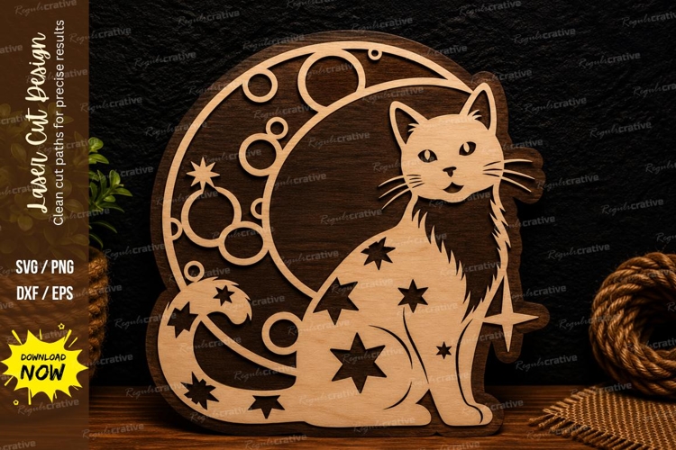Mystic Moon Cat Laser Cut SVG Design cat moon svg, mystical