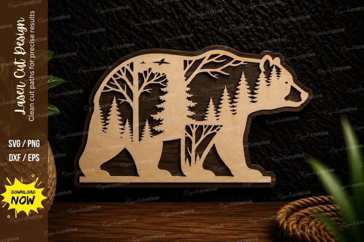 Bear Woodland Scene Laser Cut SVG Design bear woodland svg,