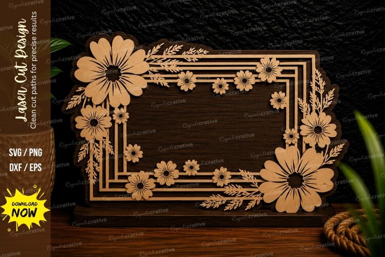 Garden Daisy Rectangle Frame Laser Cut SVG Design garden example image 1