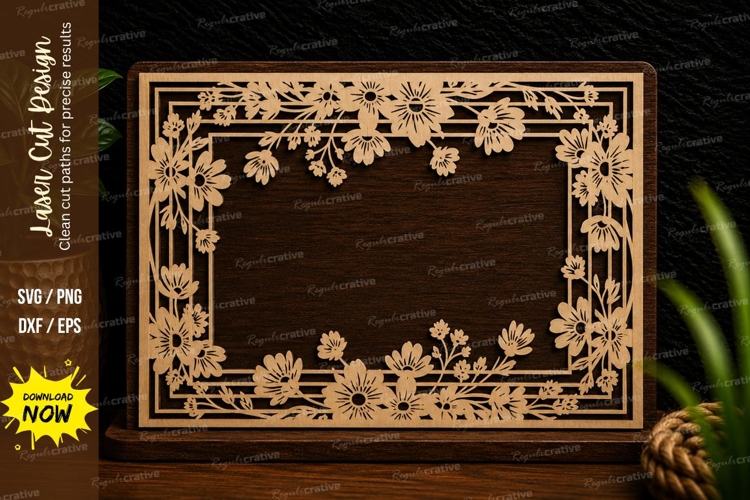 Elegant Floral Border Rectangle Frame Laser Cut SVG Design