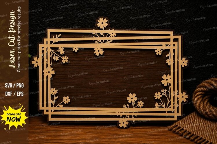 Floral Rectangle Border Frame Laser Cut SVG Design flower bo example image 1