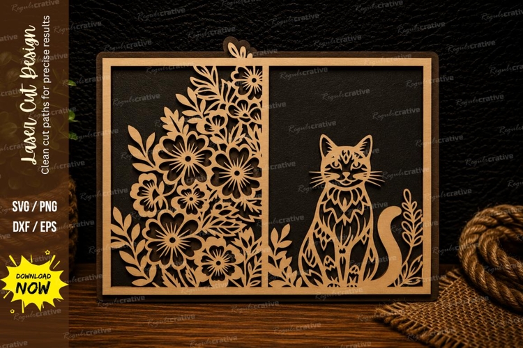 Floral Cat Window Frame Laser Cut SVG Design Tags: floral ca