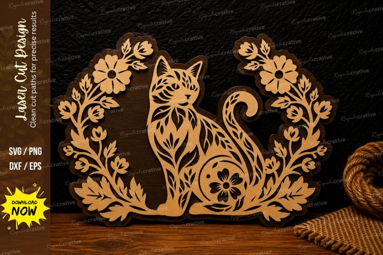 Floral Cat Wreath Laser Cut SVG Design floral cat svg, cat