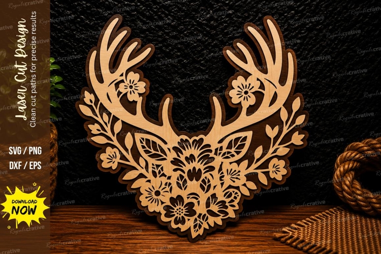 Floral Deer Antlers Laser Cut SVG Design floral deer antlers