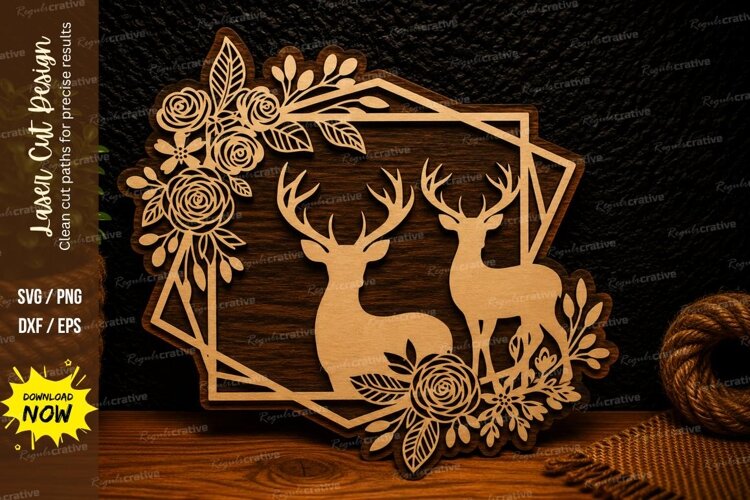 Floral Deer Couple Frame Laser Cut SVG Design floral deer example image 1