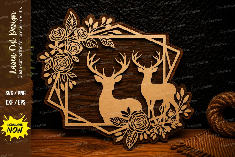 Floral Deer Couple Frame Laser Cut SVG Design floral deer