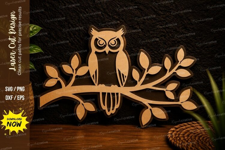 Owl on Branch Laser Cut SVG Design owl svg, owl on branch example image 1