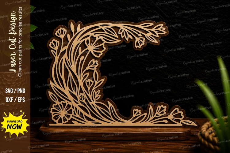 Floral Crescent Moon Laser Cut SVG Design floral crescent