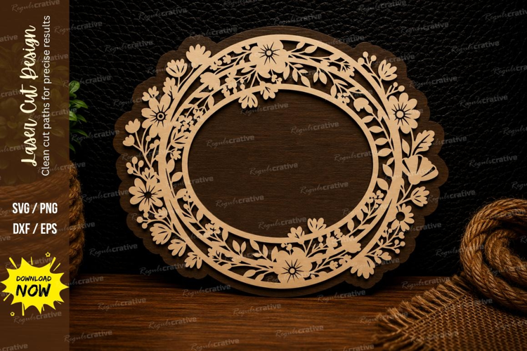 Round Floral Wreath Frame Laser Cut SVG Design round floral