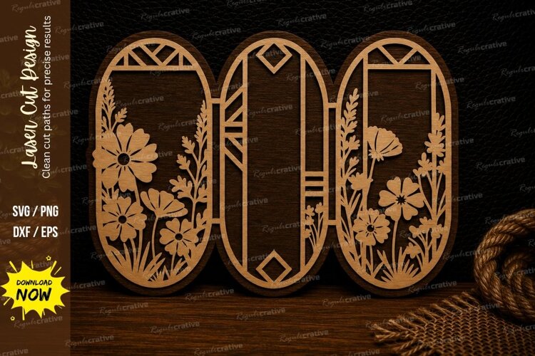 Decorative Triple Oval Floral Frame Laser Cut SVG Design example image 1