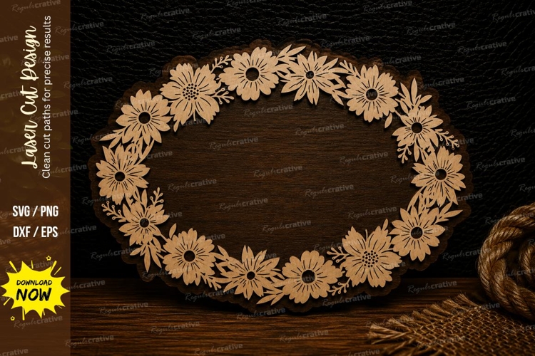 Oval Daisy Floral Frame Laser Cut SVG Design oval daisy fram