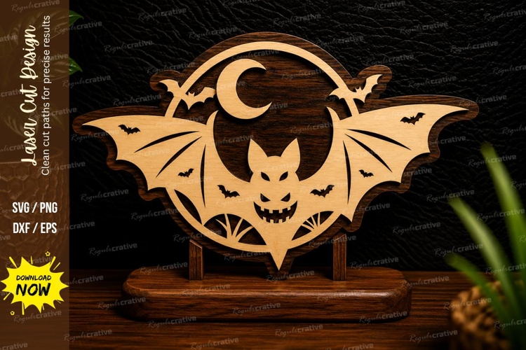 Crescent Moon Bat Halloween Laser Cut SVG Design crescent