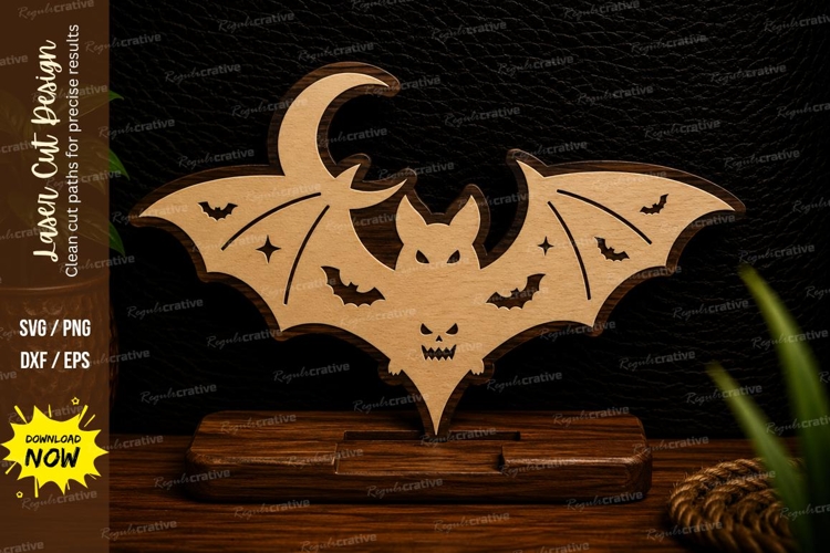 Flying Bat with Crescent Moon Laser Cut SVG Design flying