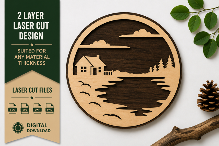 Lakeside Cabin Landscape Laser Cut SVG Design lake cabin svg