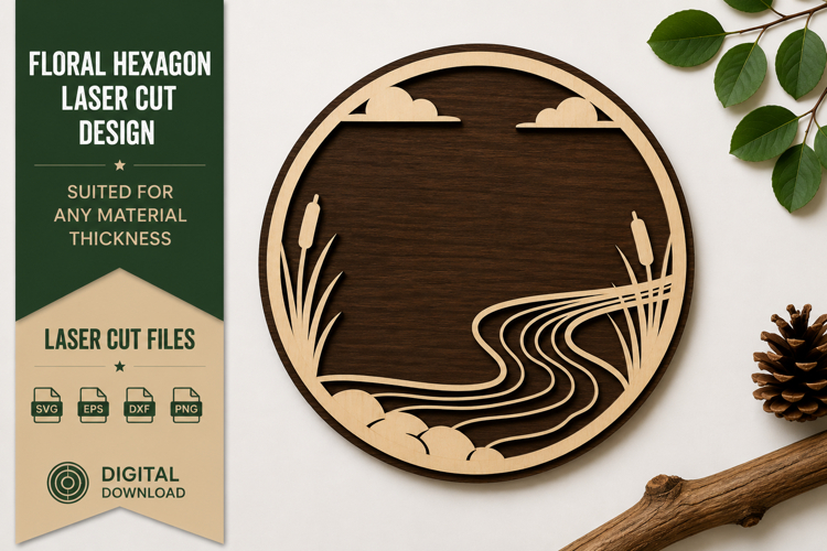 River Landscape Circle Laser Cut SVG Design river landscape