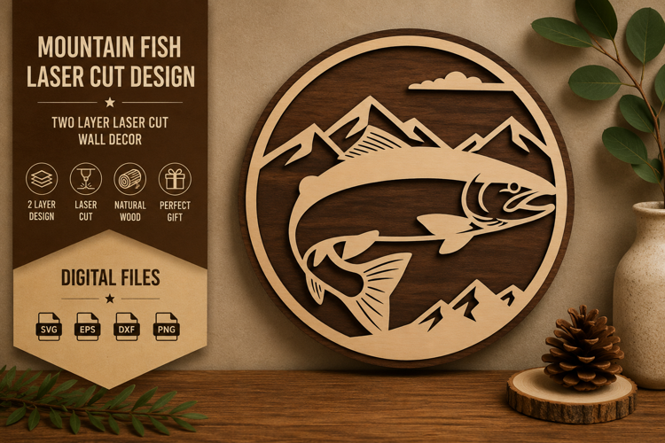 Mountain Trout Landscape Laser Cut SVG Design trout svg