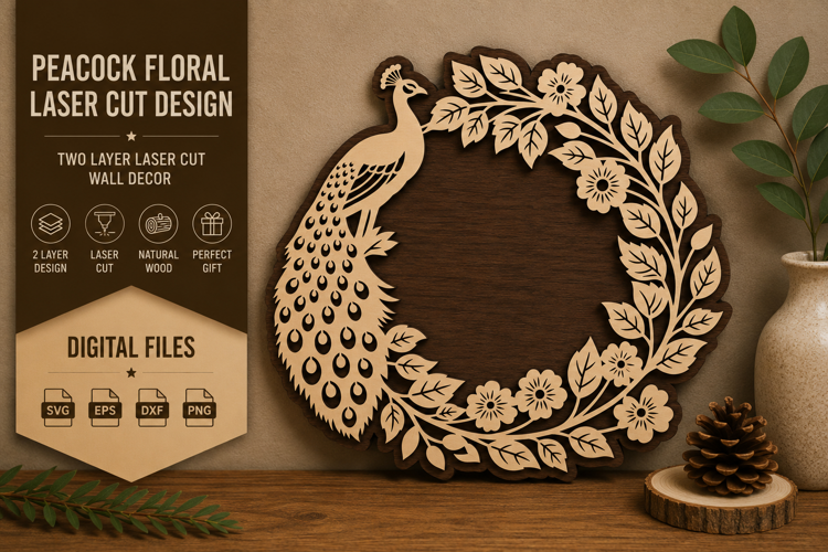 Peacock Floral Frame Laser Cut SVG Design peacock frame svg