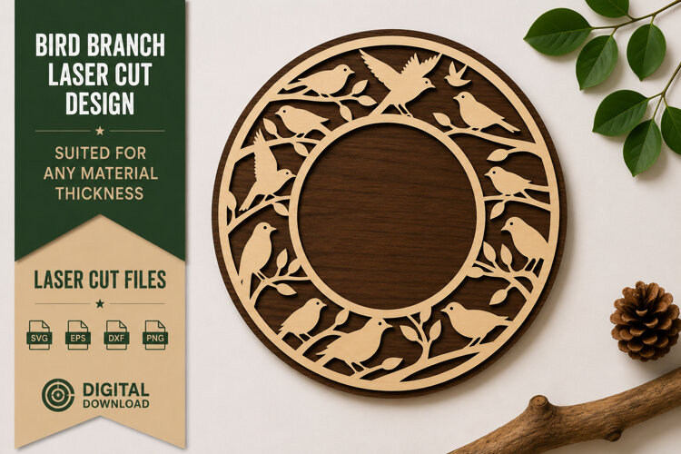 Bird Branch Round Frame Laser Cut SVG Design bird branch example image 1