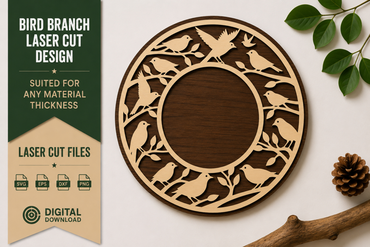 Bird Branch Round Frame Laser Cut SVG Design bird branch