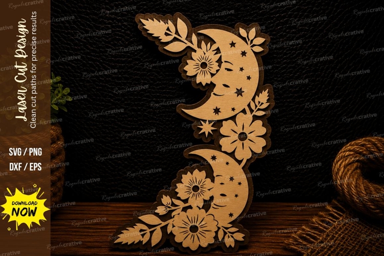 Floral Crescent Moon Laser Cut SVG Design floral crescent