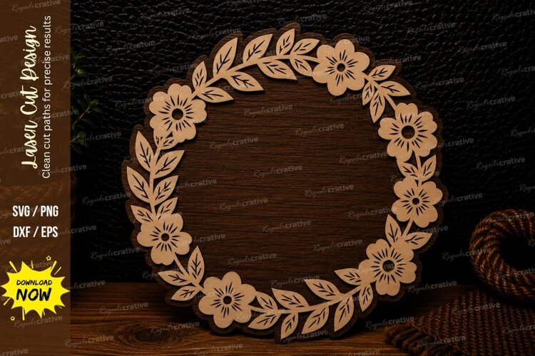 Floral Round Wreath Frame Laser Cut SVG Design floral round example image 1