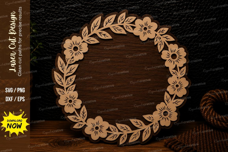 Floral Round Wreath Frame Laser Cut SVG Design floral round