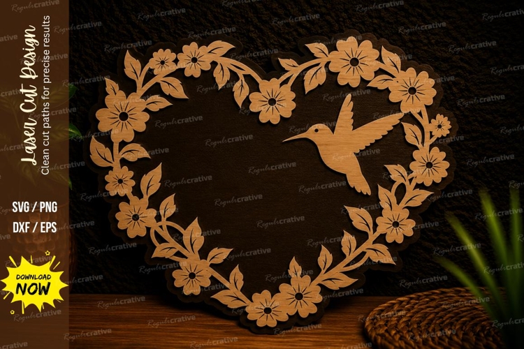 Floral Heart Hummingbird Frame Laser Cut SVG Design floral