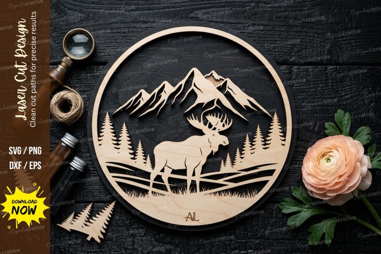 Moose Mountain Scene laser Cut svg Cutting file, moose svg
