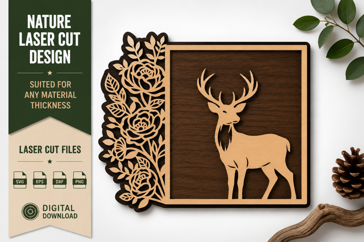 Deer Floral Square Frame Laser Cut SVG Design deer square