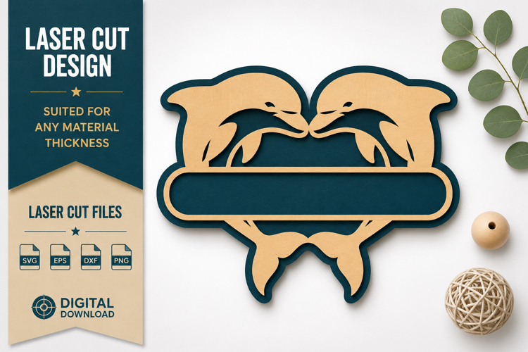 Dolphin Heart Monogram Frame Laser Cut SVG Design dolphin