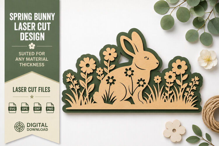 Spring Bunny Meadow Laser Cut SVG Design spring bunny svg, example image 1