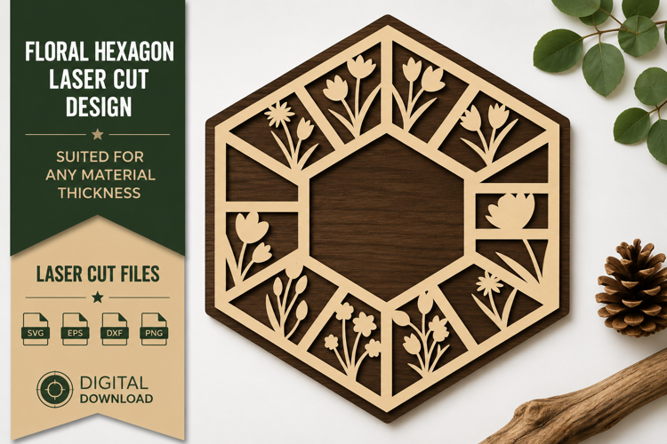 Hexagon Wildflower Frame Laser Cut SVG Design hexagon floral