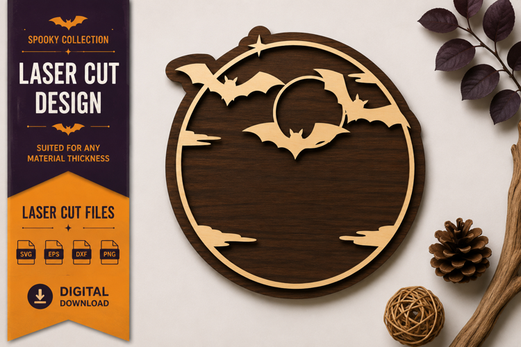 Bat Moon Circle Laser Cut SVG Design bat moon svg, bat