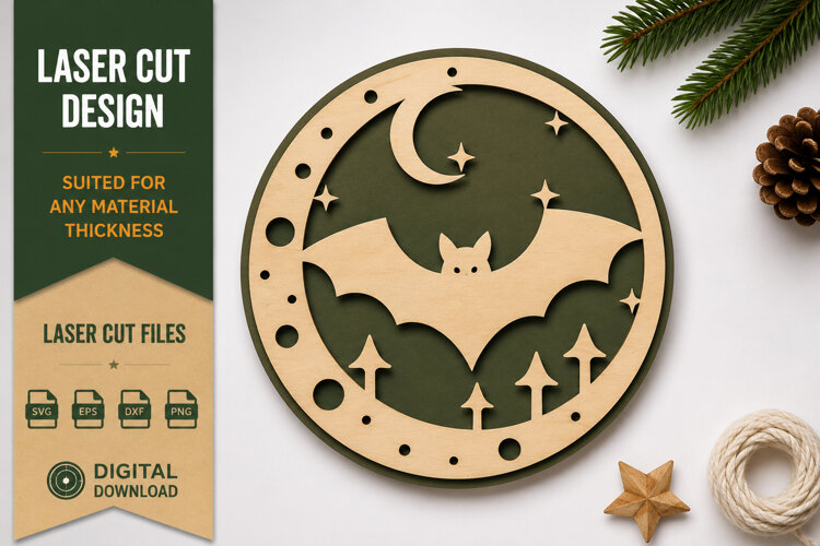 Bat Moon Forest Laser Cut SVG Design bat moon svg, bat example image 1