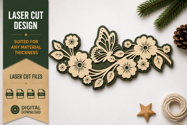 Butterfly Floral Branch Laser Cut SVG Design butterfly flora