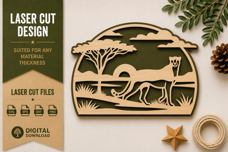 Cheetah Safari Scene Laser Cut SVG Design cheetah svg, safar example image 1