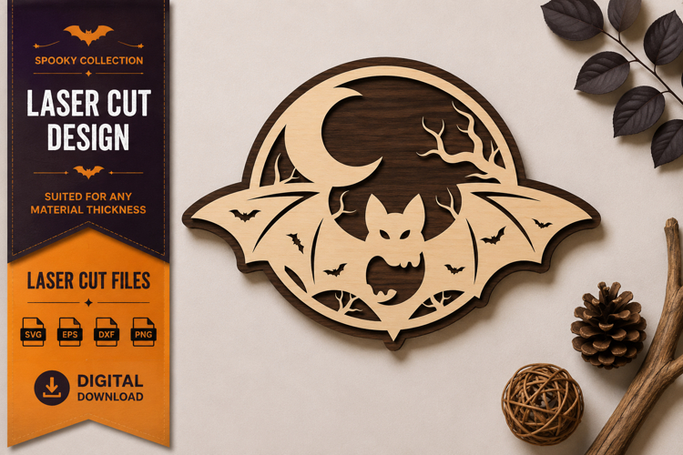 Bat Moon Crest Laser Cut SVG Design bat moon svg, gothic bat