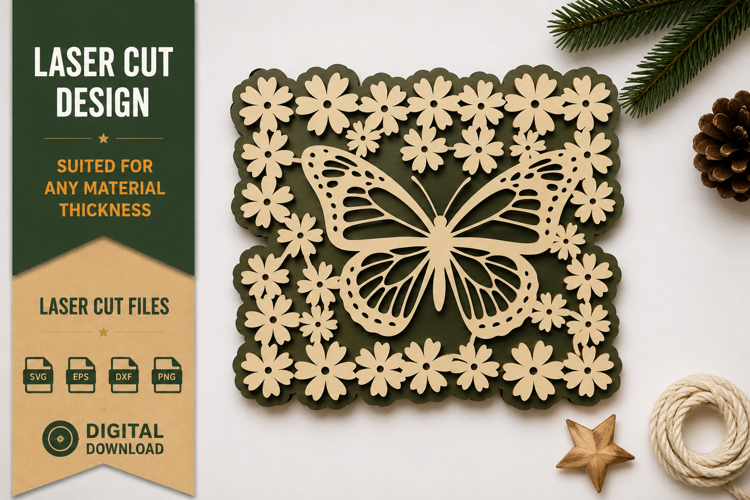 Butterfly Floral Square Frame Laser Cut SVG Design butterfly