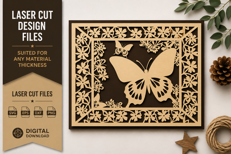 Butterfly Floral Rectangle Frame Laser Cut SVG Design butter