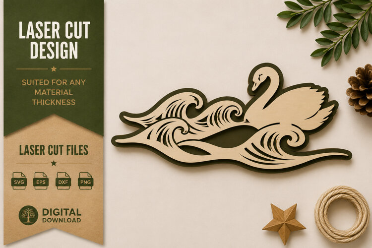 Elegant Swan Waves Laser Cut SVG Design swan waves svg example image 1