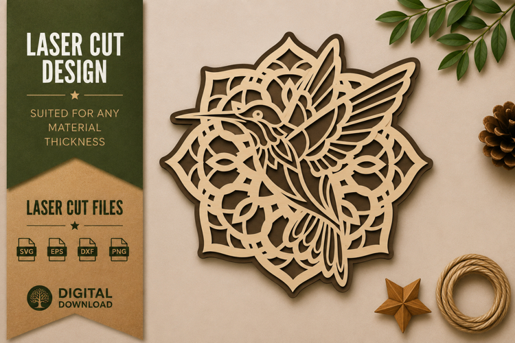 Hummingbird Floral Mandala Frame Laser Cut SVG Design hummin