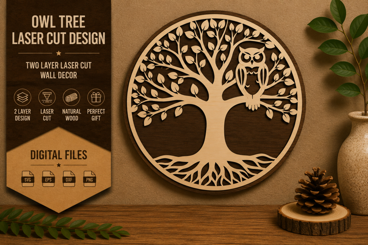 Owl Tree of Life Round Laser Cut SVG Design owl tree