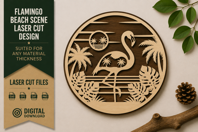 Flamingo Beach Scene Round Laser Cut SVG Design flamingo bea