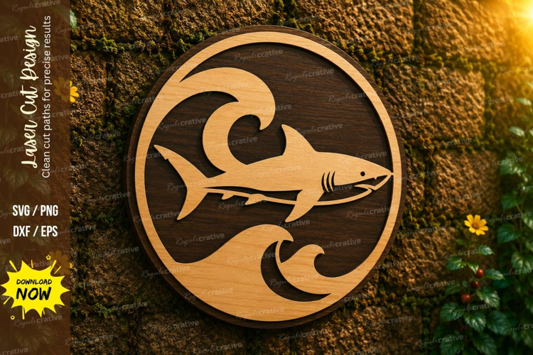 Shark Wave Round Laser Cut SVG Design shark svg, shark laser
